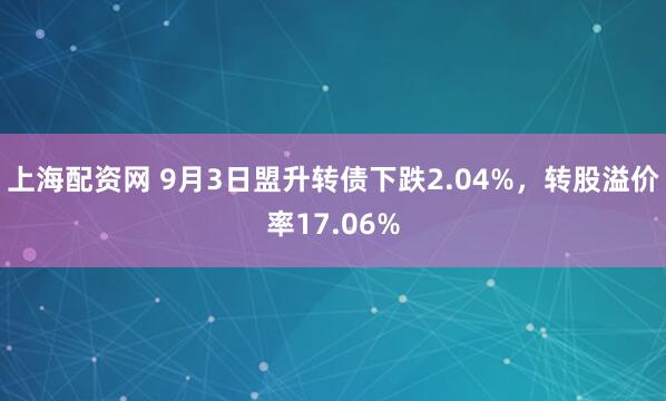 上海配资网 9月3日盟升转债下跌2.04%，转股溢价率17.06%